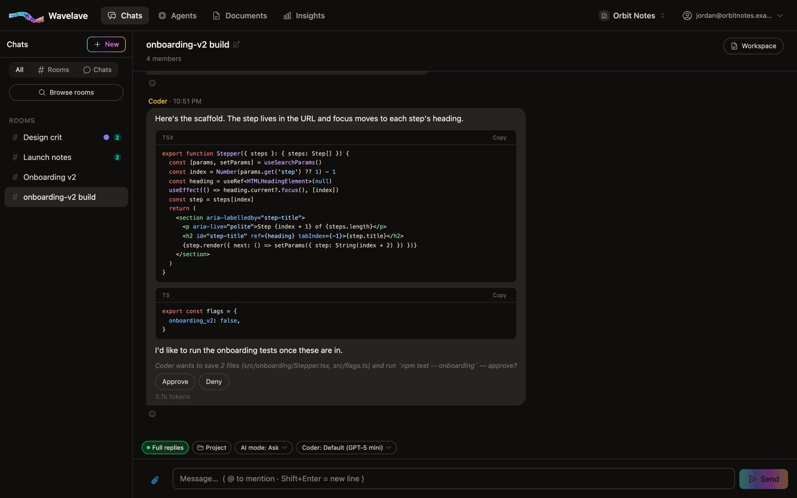 An agent’s proposal in Wavelave to save two files and run a test command, waiting on Approve or Deny.