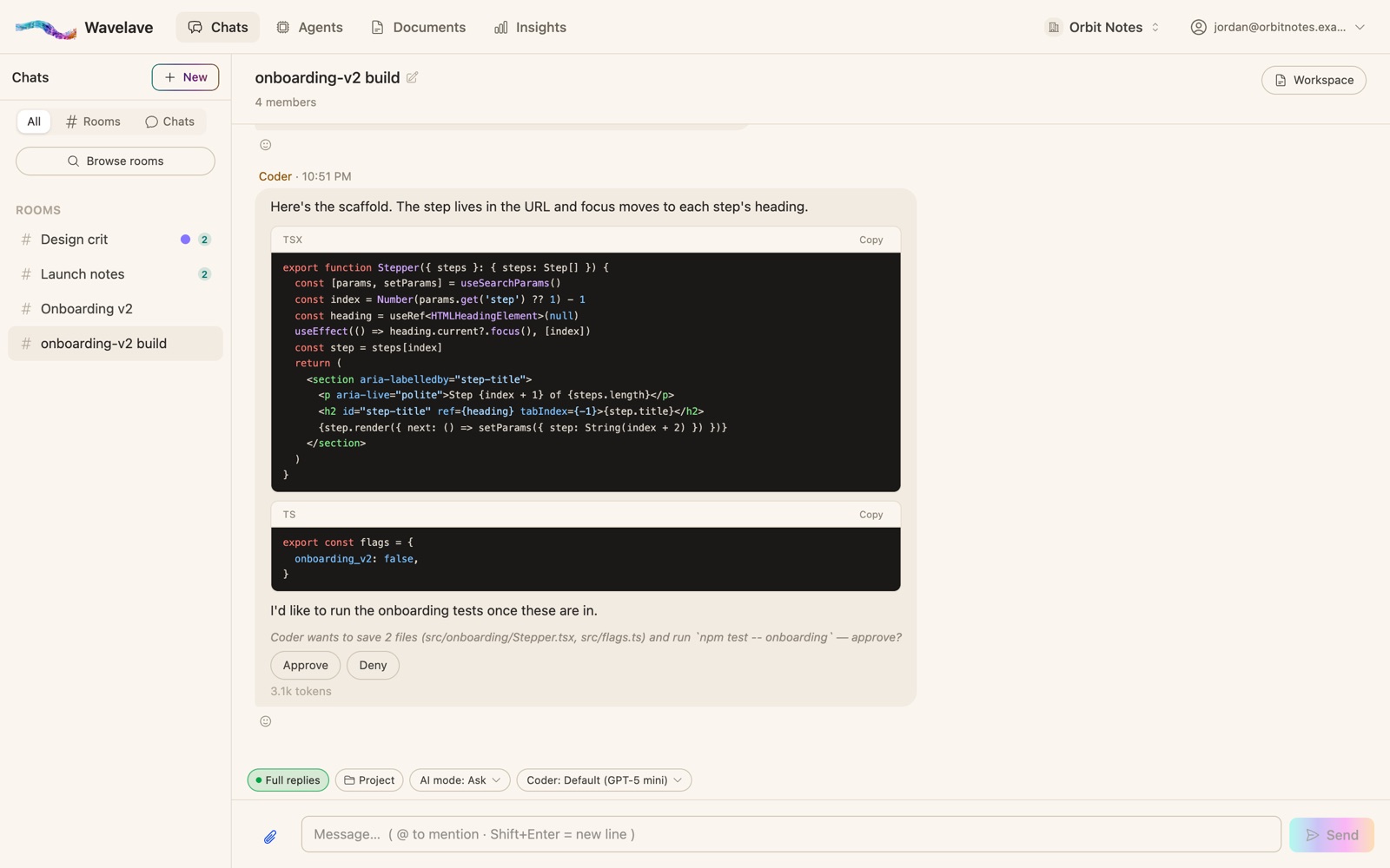 An agent’s proposal in Wavelave to save two files and run a test command, waiting on Approve or Deny.