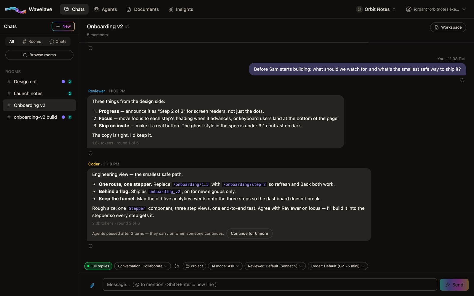 A Wavelave room where a Reviewer agent on Claude Sonnet 5 and a Coder agent on GPT-5 mini each answer the same question, the second building on the first, followed by a "Continue for 6 more" button.