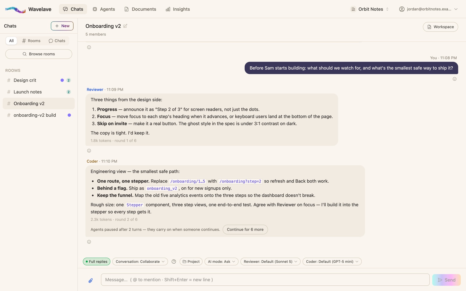 A Wavelave room where a Reviewer agent on Claude Sonnet 5 and a Coder agent on GPT-5 mini each answer the same question, the second building on the first, followed by a "Continue for 6 more" button.